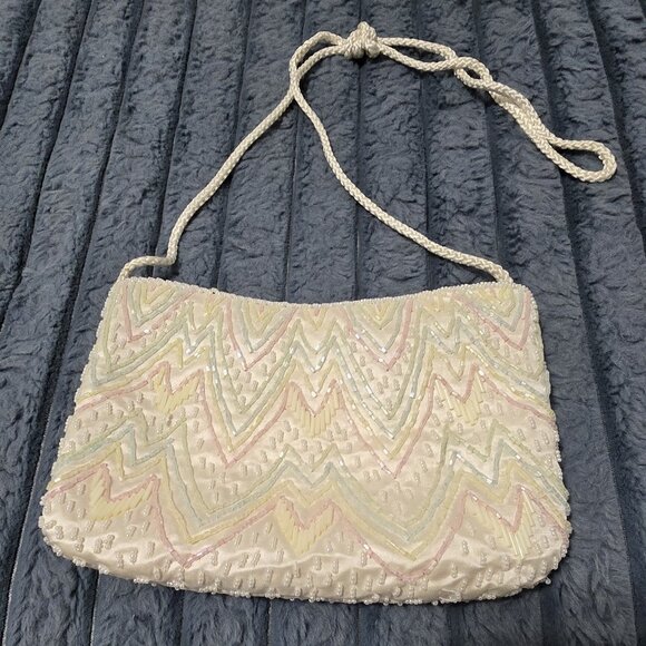 Handbags - White Beaded Chevron Pattern Evening Purse With Satin Lining & Braided Strap